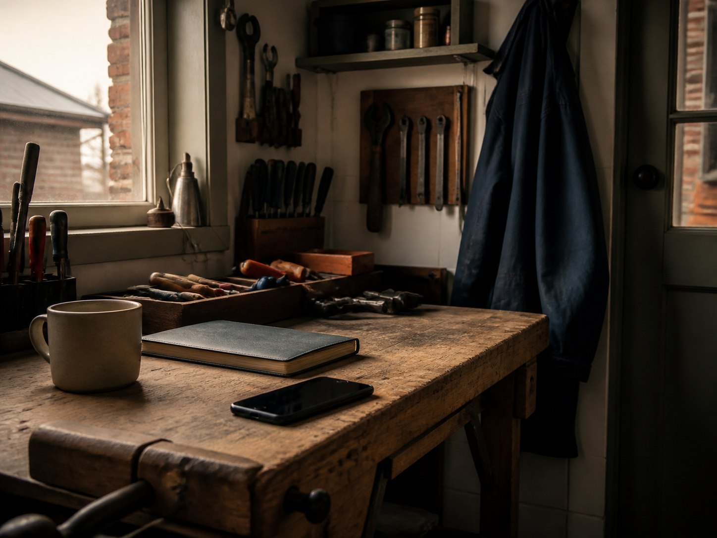 Hand tools, a closed job book, a mug and a phone on a workshop bench