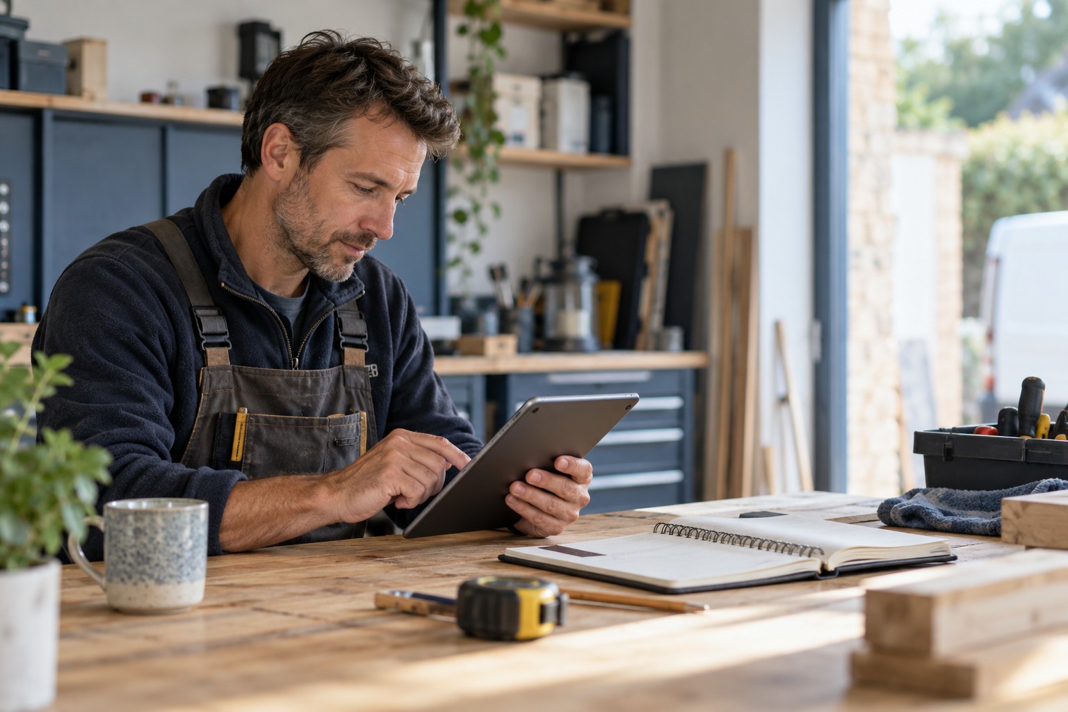 A tradesperson reviewing appointments and customer follow-ups