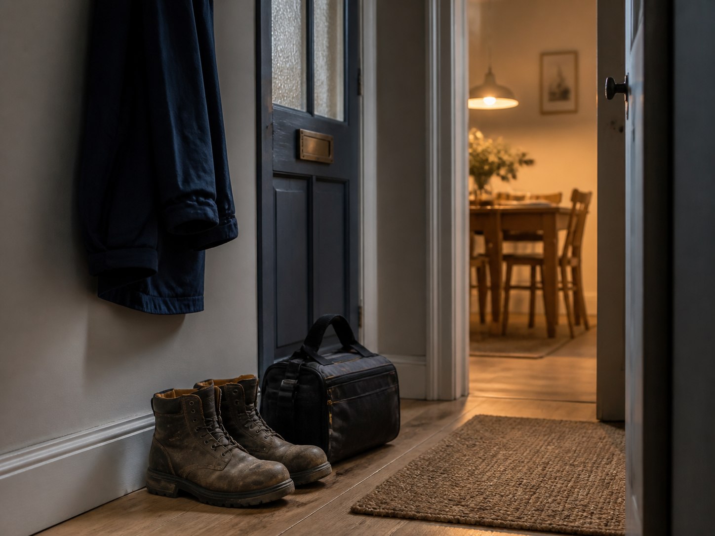 Work boots and a closed tool bag beside the door of a warmly lit home