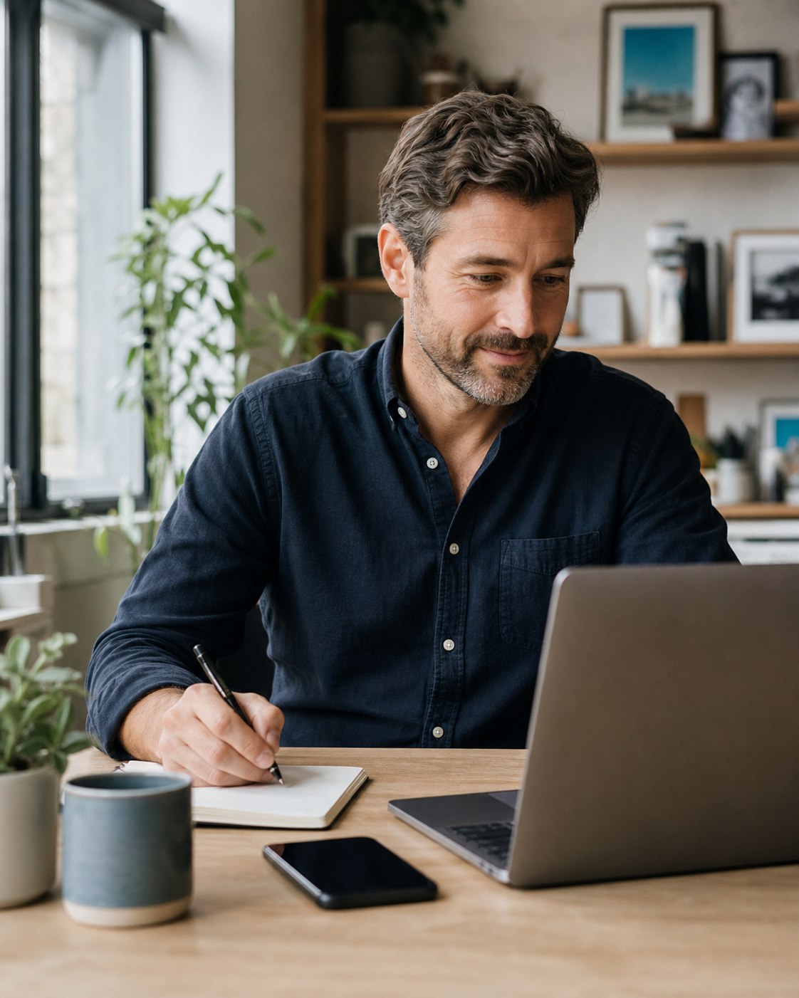 Small-business owner reviewing a process on a laptop while writing notes at a desk